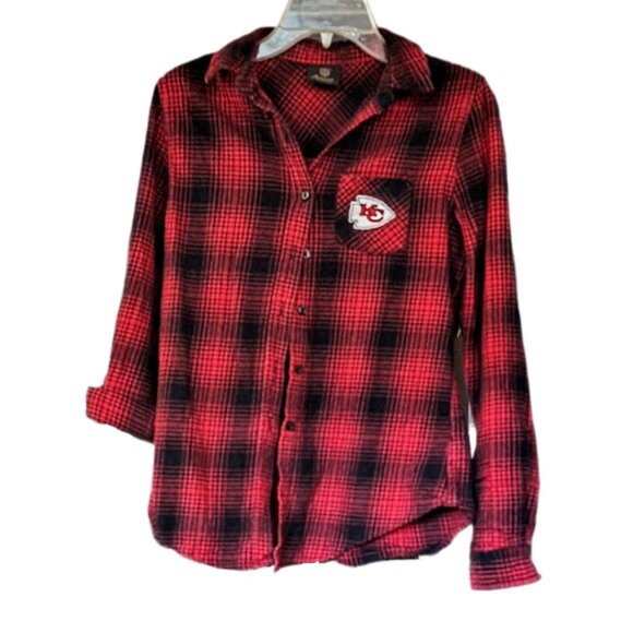 NFL Kansas City KC Juniors Women Chiefs Button Up Flannel Shirt Red Black Plaid - Picture 1 of 5